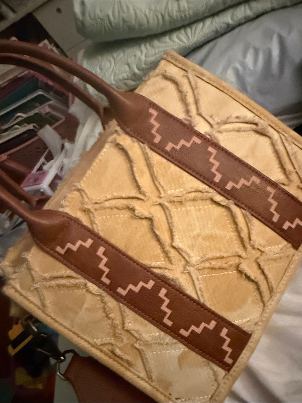 Wrangler Beige Canvas Tote with Brown Trim and Braided Handles - Picture 12 of 14